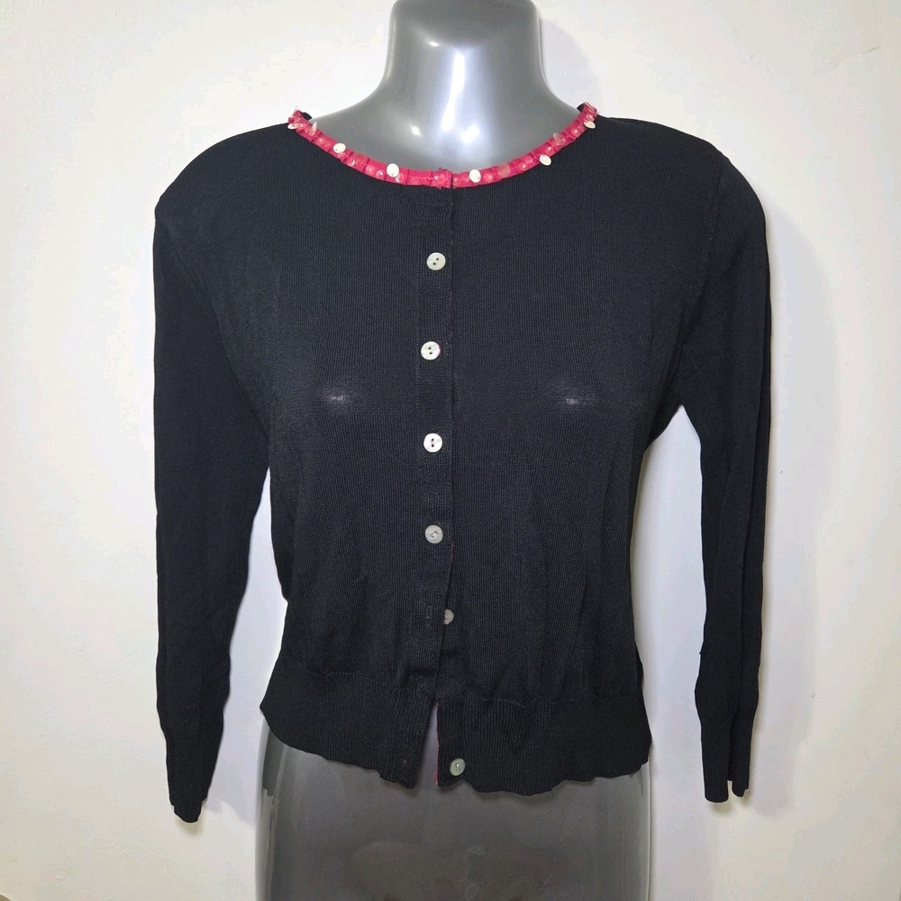 Bob Mackie Womens Black Knit Cardigan‎ Pink Sequin Trim Button Front Sweater Top